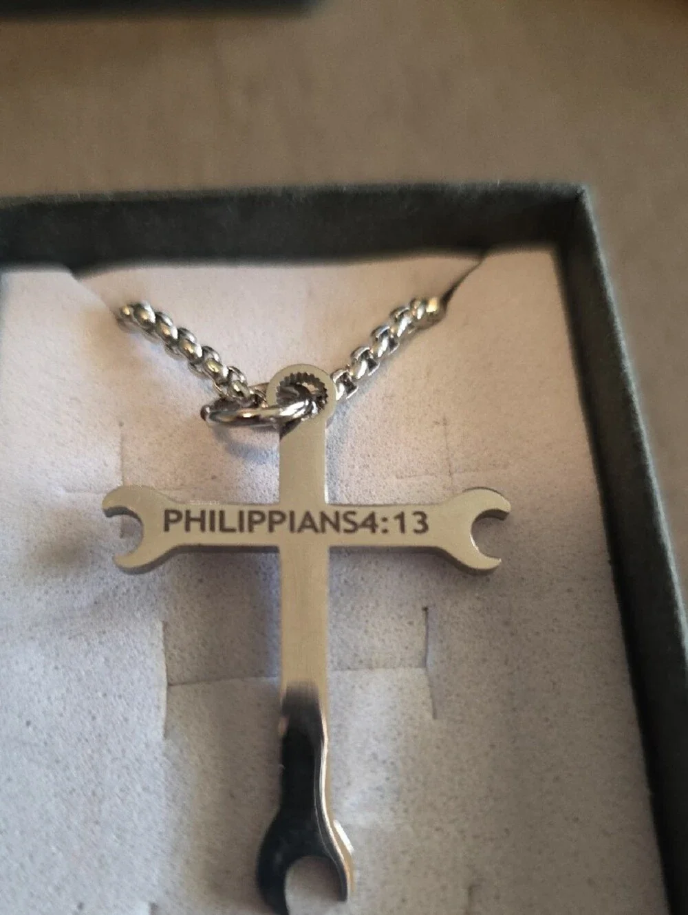 Silver Wrench Cross Pendant Necklace - Inspirational Engraving